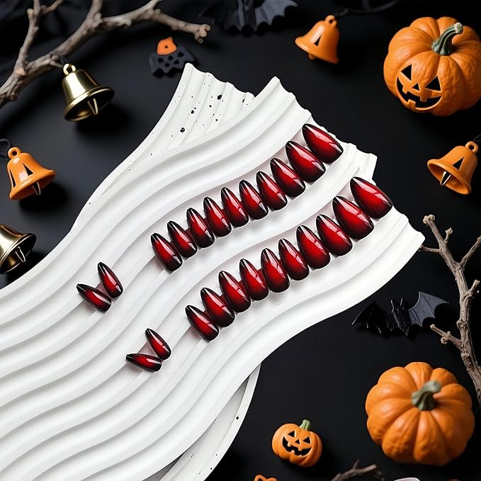 KQueenest Press On Nails Almond - Ombre Red Black Press On Nails Medium Length, French Dark Fake Nails with Nail Glue, Reusable Soft Gel Gradient Black Glue On Nails for Women Christmas, 24 Pcs