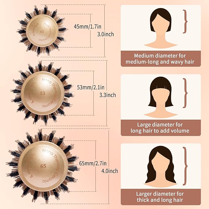 Round Hair Brush for Blow Out, Nano Thermal Ceramic & Ionic Tech, 1.3 inch Barrel, Boar Bristles, Roller Brush for Blow Drying and Styling, Includes 4 Free Clips, Gold