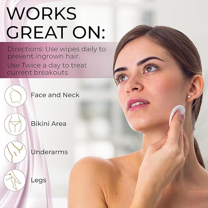 Ingrown Hair Treatment & Exfoliating Pads – 50 Pre-Soaked Wipes for Razor Bumps Treatment for Women – Skin-Smoothing Formula for Face, Neck, Underarms & Bikini Area