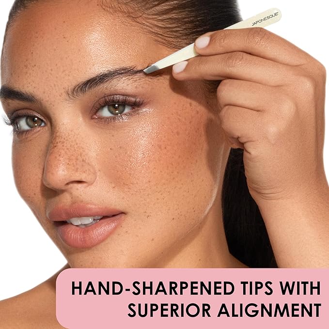 JAPONESQUE Pointed & Slant Tweezers Natural Shimmer Set, Precision Crafted, Hand Sharpened Tips for Shaping and Defining Brows