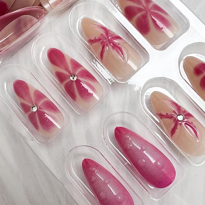 24Pcs Flower Press on Nails Medium Almond Fake Nails with 3D Spring Floral Rhinestones Design Pink Blooming Ombre Acrylic Nails False Nails Blush Gradient Full Cover Glue on Nails for Women