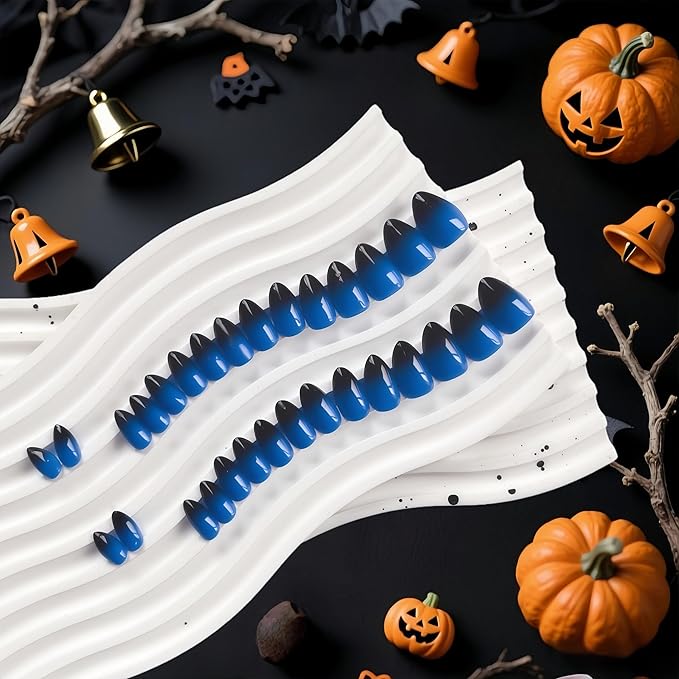 KQueenest Halloween Press On Almond, Ombre Blue Black Press On Nails Short Stiletto, Dark French Fake Nails With Glue, Gradient Glue on Nails with Design, Reusable Stick on Nail for Women, 30 Pcs