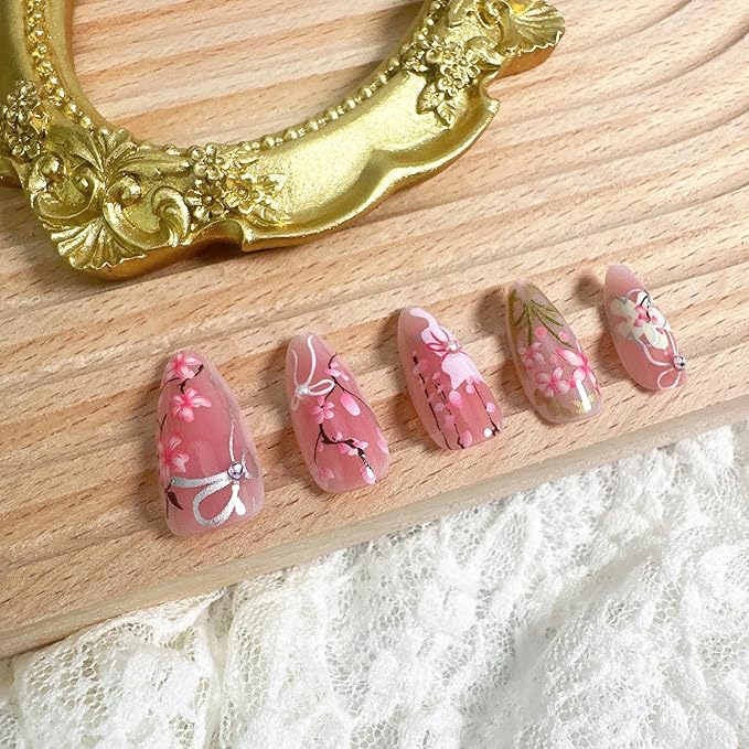 30Pcs Pink Flower Press on Nails Medium Almond Fake Nails with 3D Pearl Rhinestones Designs Glue on Nails Peach Blossom Acrylic Nails Cute Cat False Nails Bow Stick on Nails for Women Nail Supplies
