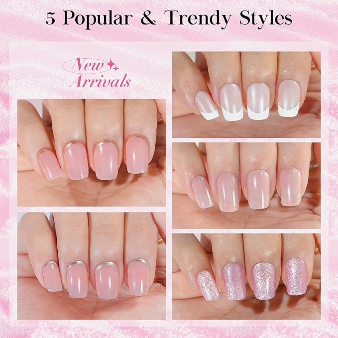 Jofay Fashion Chrome French Tip Press on Nails Short, Cat EyeSalon-Like Acrylic Fake Nails with Mermaid Pearl Chrome Gold Foil End Designs, Glossy & Natural Short Nails Press On