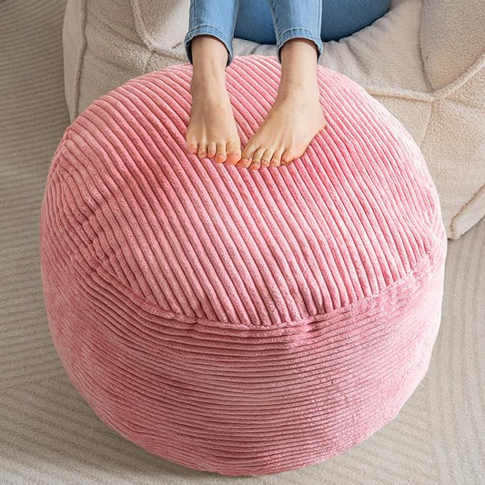 HIGOGOGO Round Stuffed Pouf Ottoman, Corduroy Poufs with Foam Chunk Filling, Furry and Fluffy Pouf Foot Stool Storage Ottoman, 26 X 18 Floor Poufs Foot Rest for Living Room, Pink
