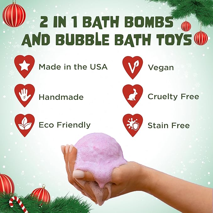 Christmas Bath Bombs for Kids with Surprise Toys Inside (6 Pack) - Holiday Gifts and Stocking Stuffers for Boys and Girls - Bubble Treats with Cheerful Scents, USA Made by Two Sisters