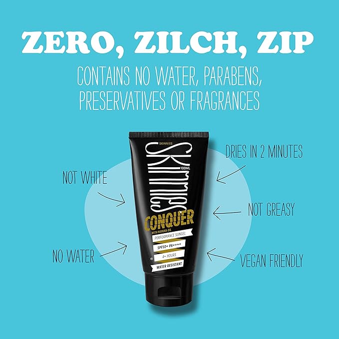 Skinnies 100ml SPF50+ CONQUER, Sungel Sun Cream, Broad Spectrum, Reef Safe, Water Resistant 4 hours