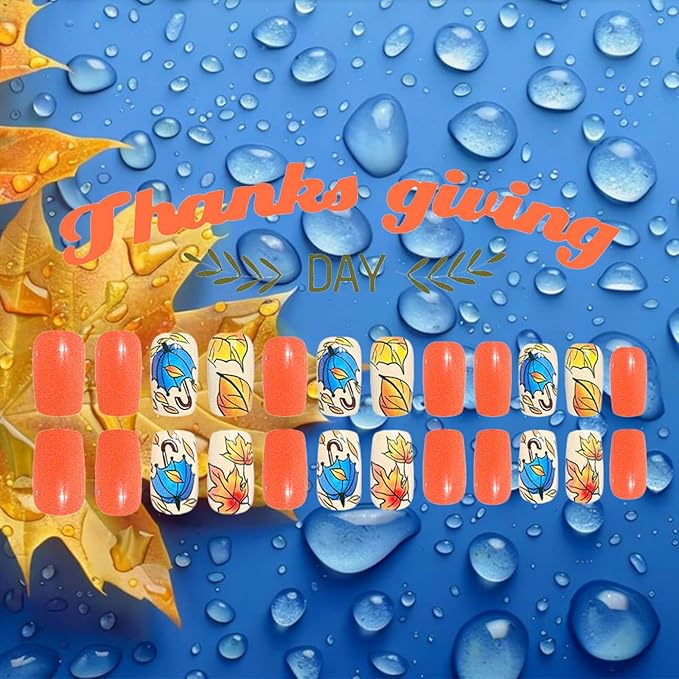 24Pcs Glossy Blue Umbrella Acrylic Fake Nail Maple Leaf Press on Nails Thanksgiving Medium Square False Nails Fall Leaves Stick on Fingernails Autumn Gel Glue on Nail for Coquette Women Girls