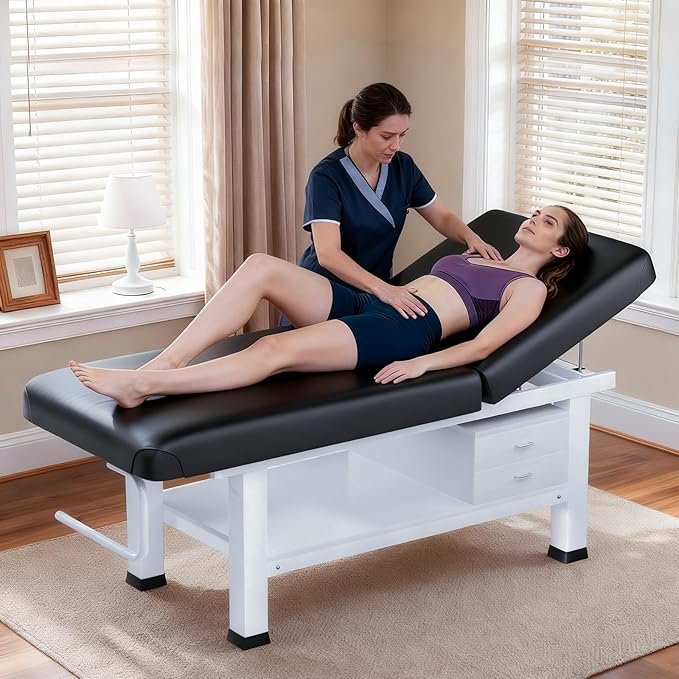 Massage Table with Towel Rack and Storage, 1500lbs Weight Capacity Iron Base Massage Bed Adjustable Backrest for Professional & Home Use, Spa Treatment Table for Relaxation and Therapy, Black