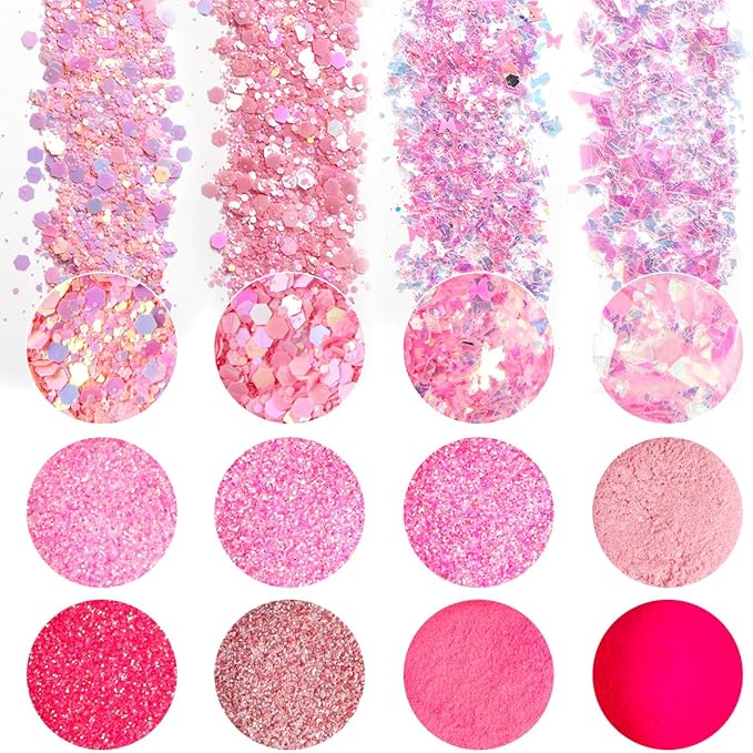 Pink Nail Glitter Powder, 12pcs Nail Art Sequins Dust Set, Holographic Paillette Sparkle Flakes for Acrylic Tips Manicure Decorations
