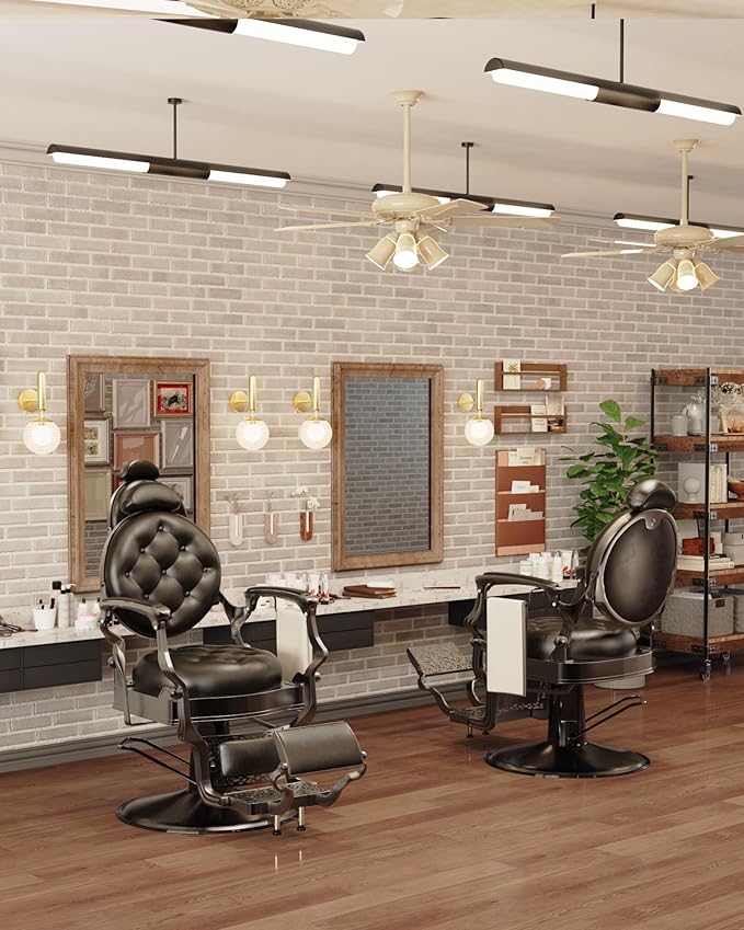 Baasha Classic All-Black Barber Chair, Retro Reclining Salon Chair with Thick Padding & Adjustable Headrest, Heavy-Duty Construction, Tattoo & Hair Chair