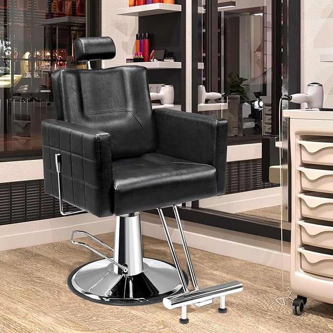 OmySalon Hydraulic Barber Chair Heavy Duty, Salon Chair for Hair Stylist All Purpose, Reclining Hair Salon Chair for Braiding Shampoo Facial Waxing Beauty Spa, 360 Degree Swivel, Black