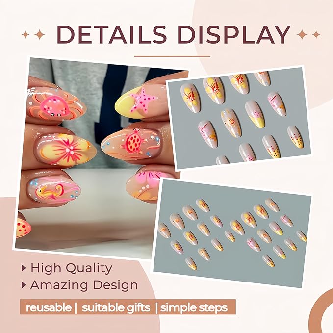 24Pcs Summer Press on Nails Short Almond Fake Nails with 3D Flower Designs Starfish False Nails Turtle Seahorse Stick on Nails Full Cover Acrylic Nails French Glue on Nails for Women Manicure Kit