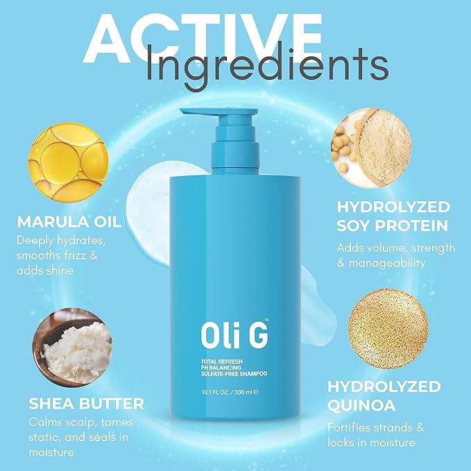 Oli G Total Refresh pH Balancing Shampoo – Lightweight Daily Cleanser for All Hair Types – With Marula Oil, Shea Butter & Quinoa Protein – Hydrating, Anti-Frizz Formula – 10.1 fl oz