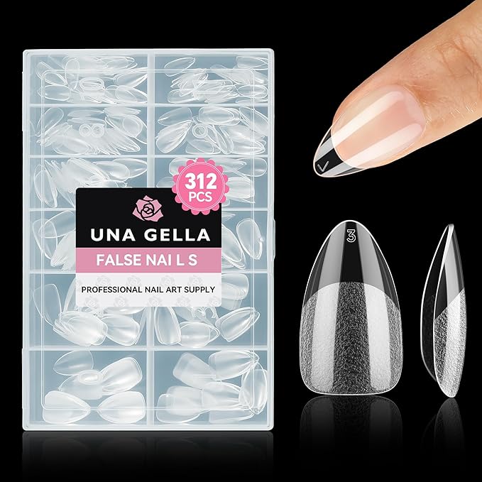 UNA GELLA Short Almond Nail Tips, 312pcs Short Almond Gel Nail Tips Shape Pre Etched Press On Nails Clear Acrylic Fake Nails No C Curve for Full Cover Nails Extension Home Art DIY Salon 12 Sizes