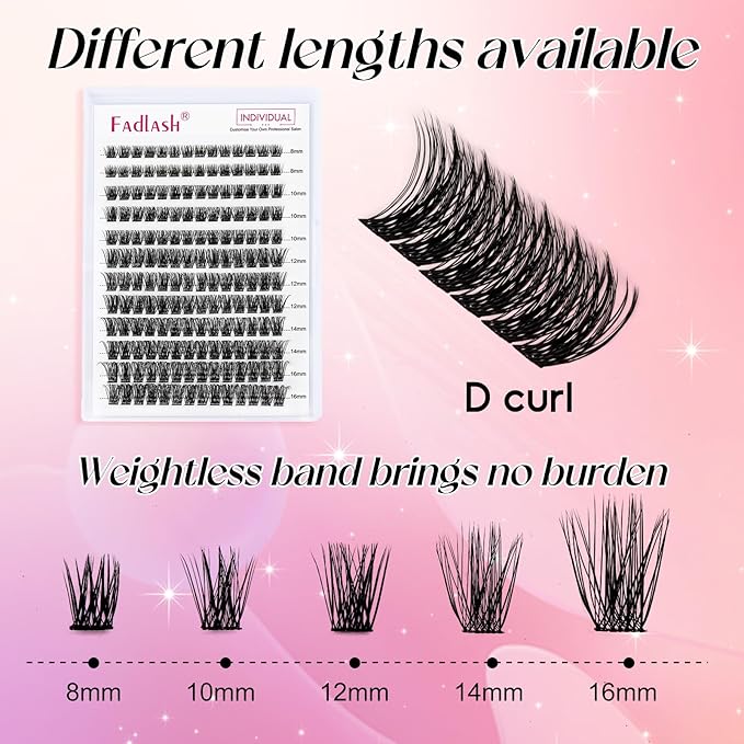 Lash Clusters DIY Eyelash Extensions 168 Clusters Lashes D Curl 0.07 Natural Individual Lash Extensions Mixed Tray False Eyelashes Soft & Strong Thin Band DIY at Home (F34-0.07D, 8-16mm)