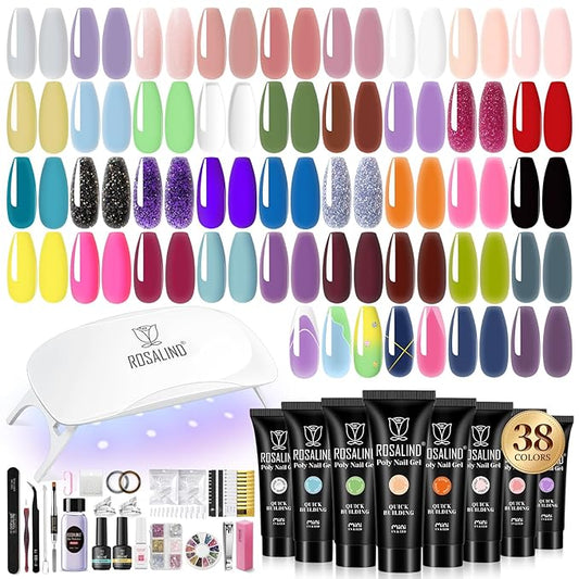 ROSALIND 38PCS Poly Nail Gel Kit with Mini Nail Lamp Neon Blue Poly Extension Gels Kit Hot Pink Nude Poly Nails Set