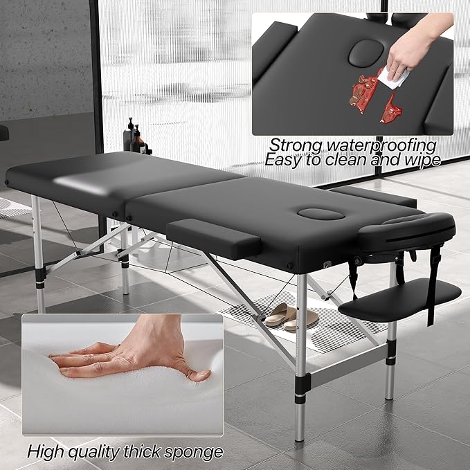 Massage Table Massage Bed, Portable 2 Section Foldable Tattoo Bed, Height Adjustable Lash Spa Bed with Face Cradle, Home Light Weight Facial Salon Bed with Aluminum Frame, Black