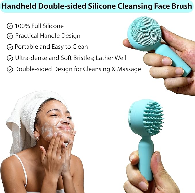 Silicone Facial Cleansing Brush 2 in 1 Silicone Facial Scrubber Manual Exfoliating Facial Brush Face Cleanser Face Exfoliator Ultrafine Bristles for Sensitive Skin Easy to Clean Lather Well (Green)