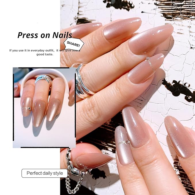 Press on Nails Almond Short Fake Nails Reusable Glossy Acrylic Nails Pink with Drill Design Glue on Nails Full Cover Artificial Stick on Nails for Women 24 Pcs