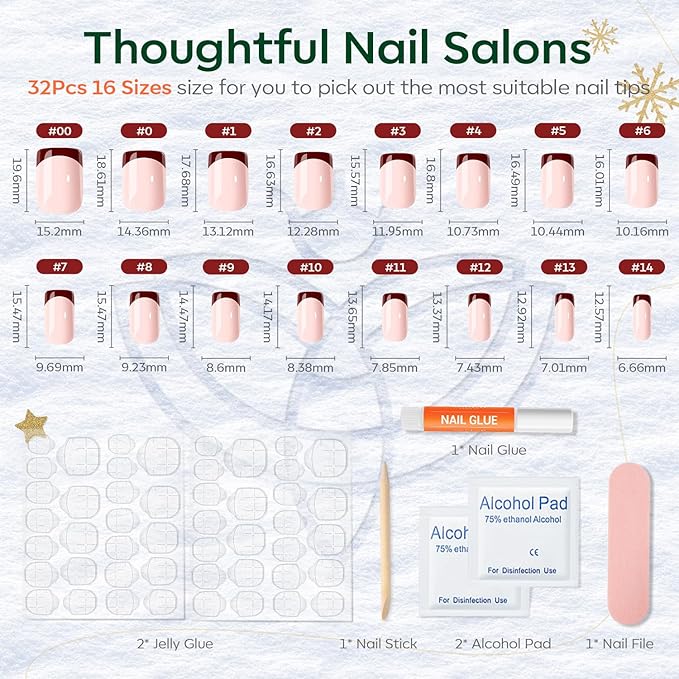Modelones Press on Nails, Red Chrome French Short Square Fake Nails, Reusable Nail Kit with Nail Glue Adhesive Tabs Mini Nail File, Nails Press Ons 32Pcs16 Sizes
