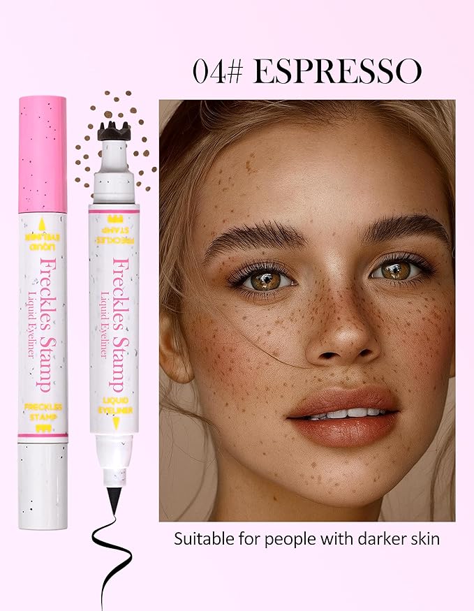 Erinde Waterproof Freckle Stamp Pen, Dual Ended Fake Freckle & Black Liquid Eyeliner, Long Lasting Quick Dry Faux Freckles Stamp Freck Pen for Natural Sunkissed Makeup, 04 Espresso