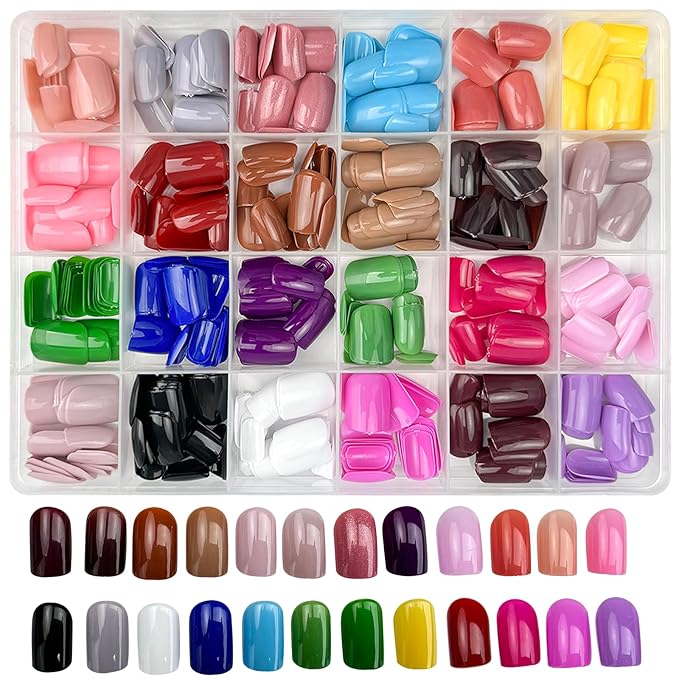 576 Pcs Short Square Press On Nails, 24 Colors, Full Cover False Nails, Glossy Acrylic, Glue On Nails for Women Manicure