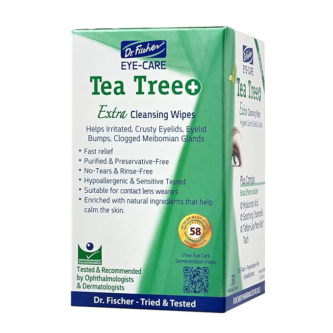 Dr. Fischer Tea Tree Oil Eye Wipes - Eyelid Wipes for Sensitive Eyes with Hyaluronic Acid and Chamomile, Makeup Remover, Daily Cleanser (60 wipes)