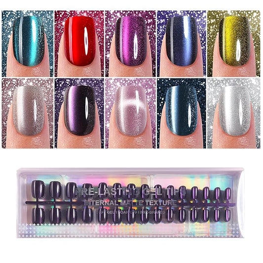 300Pcs Cat Eye Press on Nails Short Square, Plauva Soft Gel Fake Nails, Glossy Glitter Cat Eye Nail Tips for Women and Girls Stick On Nails in 15 Sizes