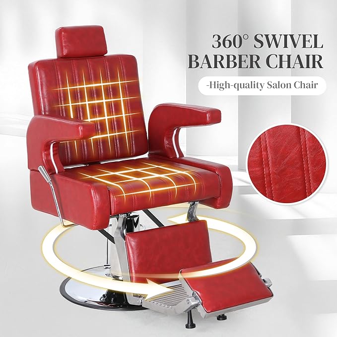 FHFO Barber Salon Hair Chairs for Barbershop, Hydraulic Barber Chair 360° Swivel Reclining, Adjustable PU Leather Beauty Styling Salon Chair for Barbershop Spa Red/Silver