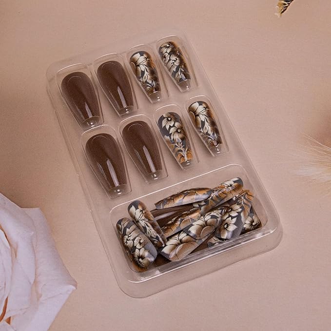 Medium Square Acrylic Nails, 24Pcs Glossy Floral Designs, Full Cover Artificial Nails, Press On Nails, Brown, Style 6