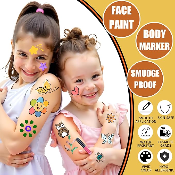 Jim&Gloria Water Resistant Face Paint Tattoo Pen, Temporary Tattoo Markers for Skin, Body Painting Kit, Teen Girl Gifts Trendy Stuff, Halloween Makeup, Toys Crafts Gifts for Kids Teenage Adults