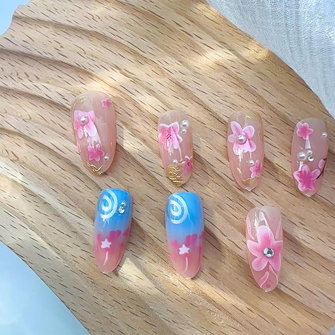 30Pcs Pink Almond Press On Nails with 3D Pearl Rhinestones, ABS Acrylic Material, Full Cover Nail, Modern Style, Multicolor Pattern, Glossy Finish, 1 Set of 30 Pieces