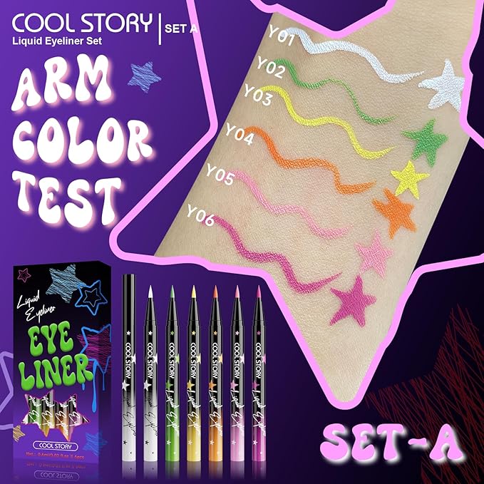 COOL STORY Liquid Eyeliner Waterproof Smudge Proof Eye Liner, 24H Long-Lasting, 0.6ml/0.02 fl.oz (SET-A)