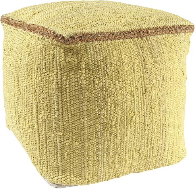 LR Home Dusky Citron Bordered Transitional Hand-Loomed Cotton Pouf with Jute Braid | Farmhouse Cube Foot Rest for Bedroom & Living Room Decor | 18 x 18 x 18 Stuffed Ottoman for Seating
