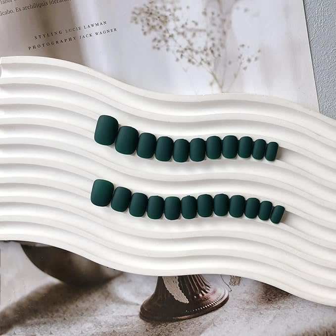 Matte Green Press on Nails Short,KQueenest Glue on Nails Short Acrylic Nails Press on with Solid Color Classic Fake Nails Set for Women Lady Daily Wear in 24 PCS