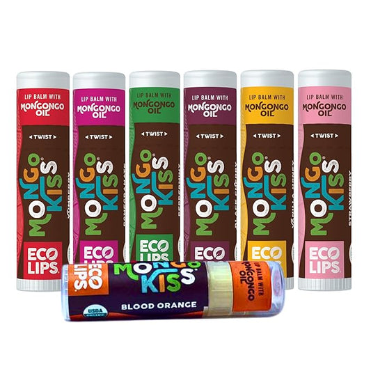 Eco Lips Mongo Kiss Organic Lip Balm 7 Pack - Blood Orange, Black Cherry, Pomegranate, Vanilla Honey, Peppermint, Strawberry Lavender, Yumberry | Mongongo Oil to Soothe & Moisturize Dry, Cracked Lips