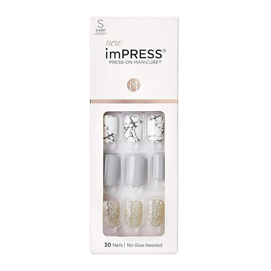 imPRESS Design, Press On Nails, Knock Out, Gray, Short, Size, Squoval, Shape, Includes 30 Nails, Prep Pad, Instructions Sheet, 1 Manicure Stick, 1 Mini File