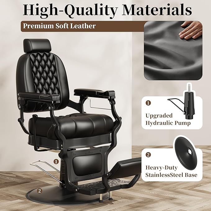 Baasha Retro Reclining Barber Chair, Ergonomic All-Purpose Salon Chair with Thick Cushion & Adjustable Headrest, Heavy-Duty Design, 550 lbs Support