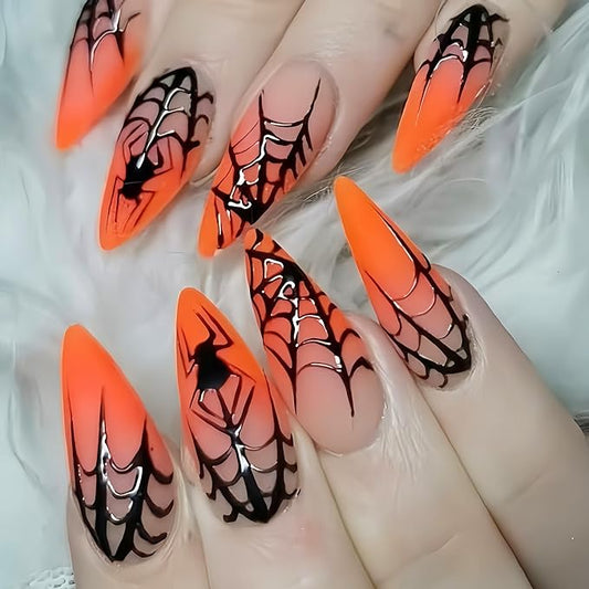 24Pcs Halloween Press on Nails Medium Almond Fake Nails Orange Gradient with Black Spider Spider Web Design Glue on Nails Glossy Full Cover Goth False Nails Acrylic Nail for Women Manicure Decoration