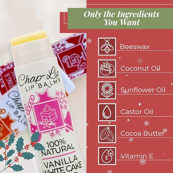 100% Natural Lip Balm Set - Beeswax Natural Christmas Gifts for Her - Lip Moisturizer for Dry Lips, Cocoa Butter - Petroleum Free, 8 Count, 2 Pack