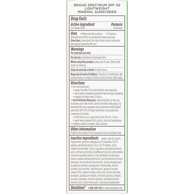 BURTS BEES SPF 30 Calming Day Face Lotion With Aloe and Rice Milk for Sensitive Skin, Sunscreen Face Lotion Soothes Redness and Irritation, 99.4 Percent Natural Origin Skin Care, 1.8 oz. Tube