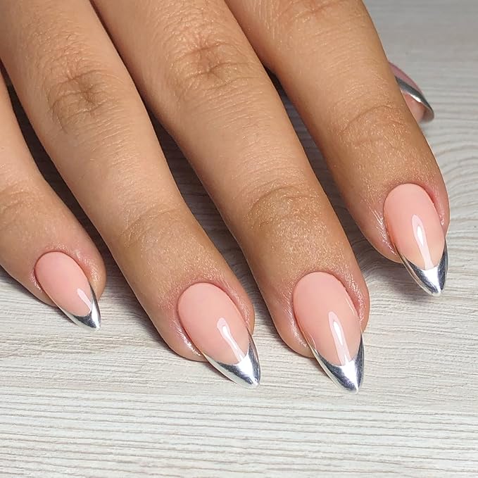 Silver French Tip Press On Nails Short Almond, Medium Fake Nails French Nails Press ons Acrylic Nails Glue on Nails Medium, Natural Short Almond Nails False Nails for Women in 12 Sizes 24 Pcs