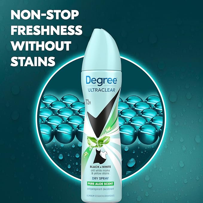 Degree UltraClear Antiperspirant Deodorant Dry Spray 4 pack for 72h Nonstop Sweat Protection For Women Pure Aloe Scent Anti White Marks And Yellow Stains 3.8 Oz
