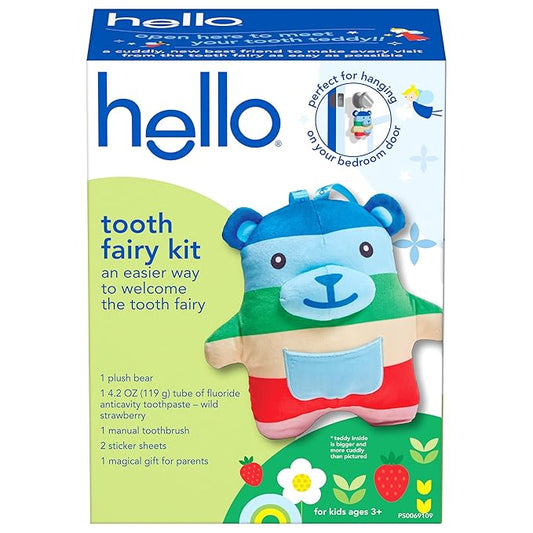 hello Tooth Fairy Kit with Tooth Fairy Door Hanger and Teddy Bear, Includes Full Size Fluoride Kids Strawberry Toothpaste and Kids Toothbrush, for Children Ages 3 and Up