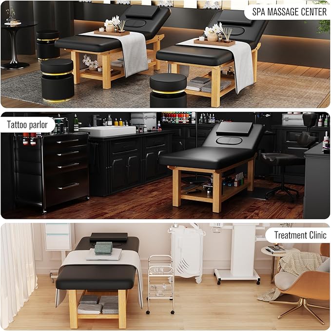 Wooden Massage Bed Adjustable Heavy-Duty Wide Stationary Massage Table for Treatment Physical Therapy Table Professional Stationary Spa Facial Bed, PU Leather, 31.5'' W × 75'' L