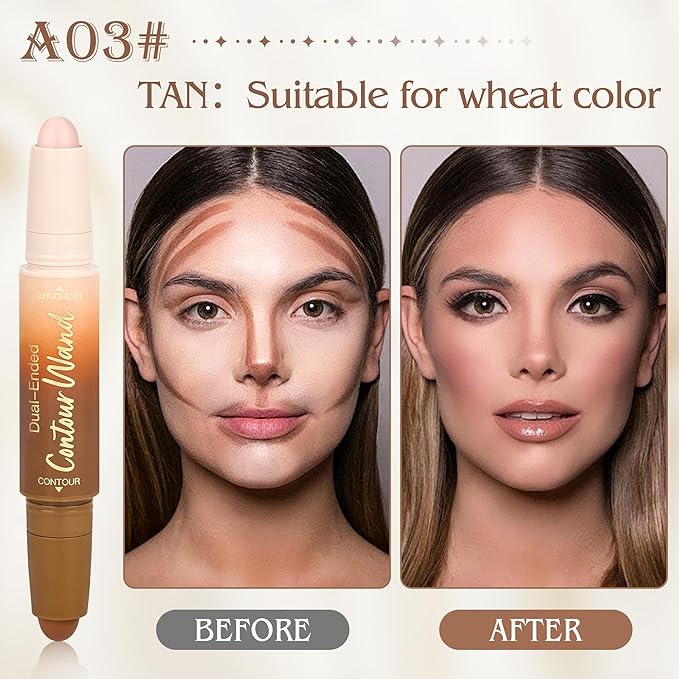 Contour Highlighter Stick，2-in-1 Dual-Ended Cream Bronzer & Highlighter Sticks Pen for Face Body Contouring Makeup- Buildable，Waterproof, Easy to Apply Suitable for Beginners，03Darker Nude+Light Pink