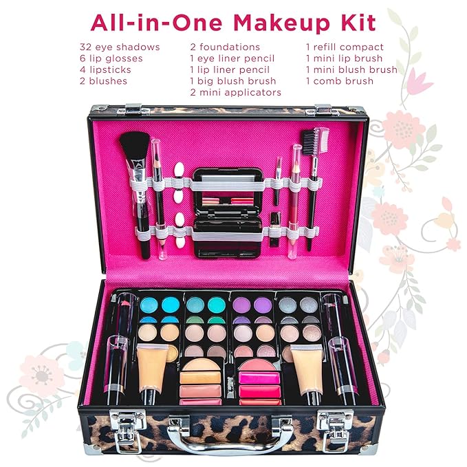 Makeup Kit Gift Set – 79 Piece - 32 Eye Shadows, 2 Blushes, 2 Lip Glosses, 2 Lipsticks, 2 Eye Liner Pencils, 1 Lip Liner Pencil, 1 Mascara - Case with Carrying Handle