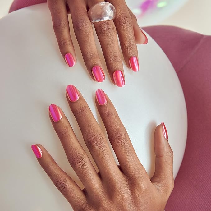 KISS colorFX by imPRESS Press On Nails , ‘Floating’, Solid Red with Pearlescent Finish, Short Oval, IMPROVED adhesive, Includes 30 Fake Nails, Prep Pad, 1 Manicure Stick, 1 Mini Nail File