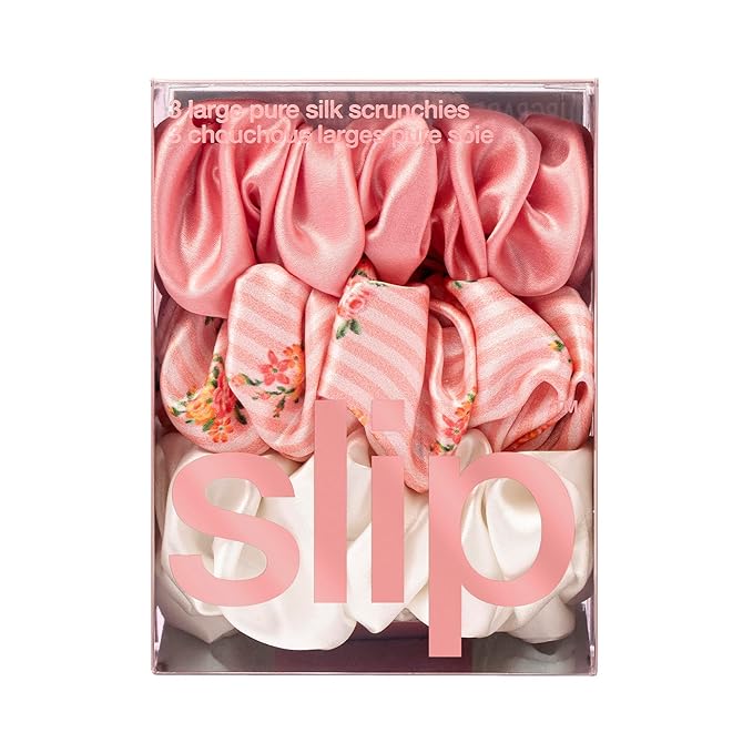Slip Silk Scrunchies - Petal - 100% 22 Momme Mulberry Silk, Large Hair-Friendly Elastic Set for Women (3 Luxurious Scrunchies)